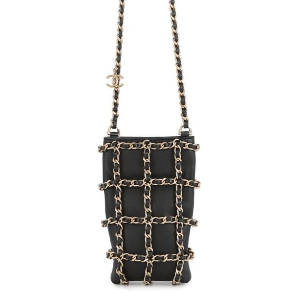 CHANEL Chocolate Bar Chain Shoulder Bag Phone Case  Chanel Chain Shoulder Bag Choco Bar Phone Case Lambskin Black